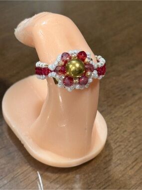Handcrafted Red and White Beaded Flower Ring with Gold Accent